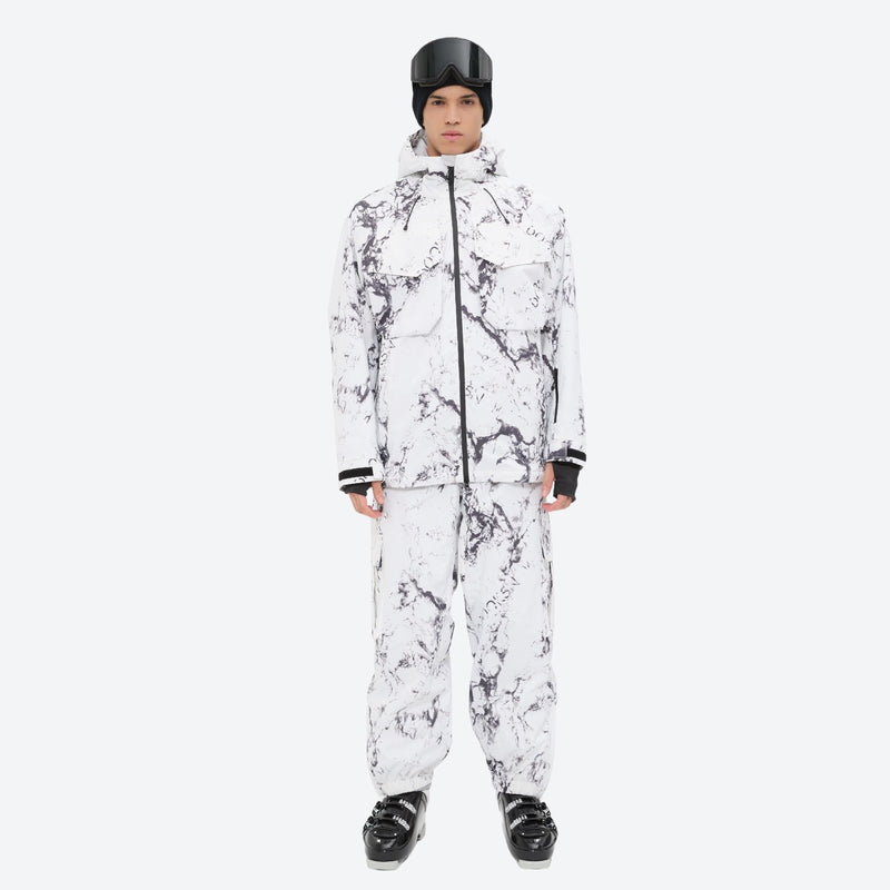 Unisex printed snowboard jacket and bibs - white marble print suit, for resort and backcountry days