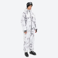 
                  
                    Unisex waterproof 3L snow jacket and bib pants series - white marble print suit, for powder and piste riding
                  
                