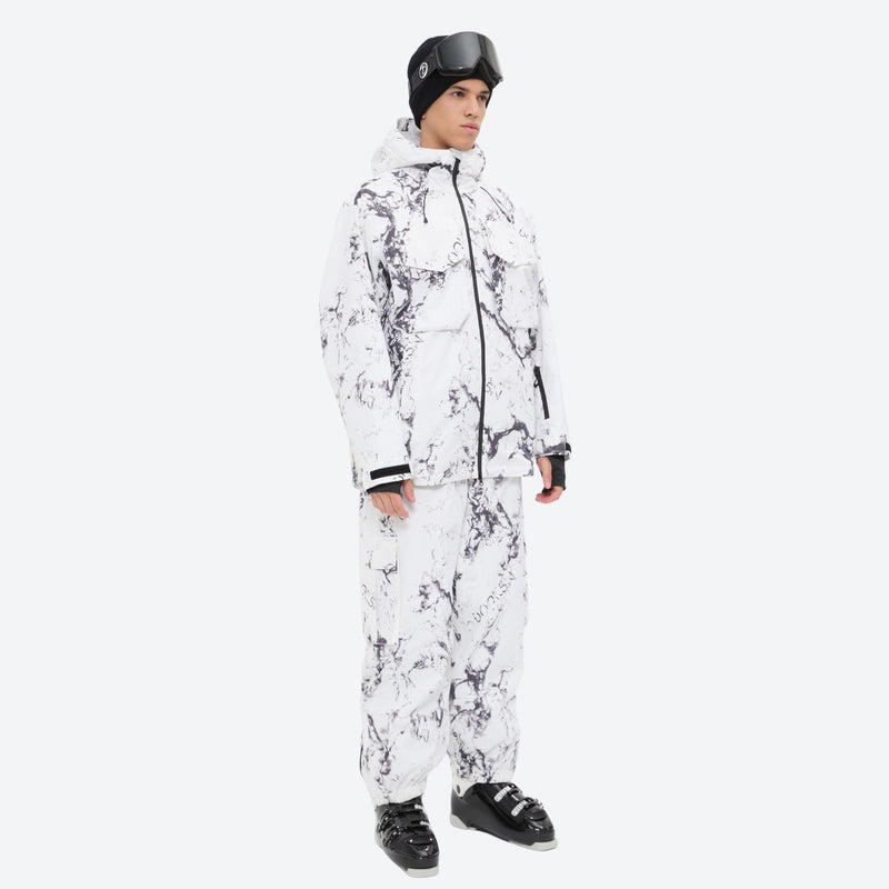 Unisex waterproof 3L snow jacket and bib pants series - white marble print suit, for powder and piste riding