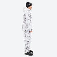 
                  
                    Breathable 3-layer ski jacket and suspender pants set - white marble print suit, for cold-weather winter sports
                  
                