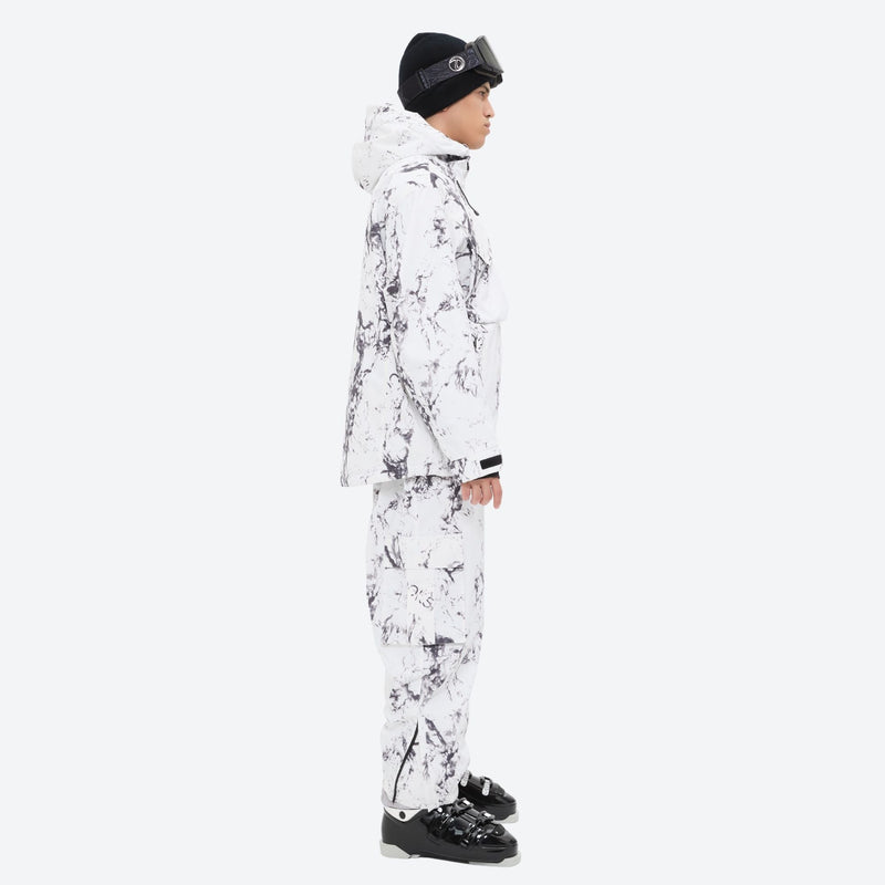 Breathable 3-layer ski jacket and suspender pants set - white marble print suit, for cold-weather winter sports