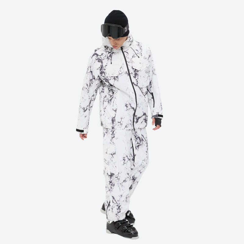 Unisex printed snowboard jacket and bibs - white marble print suit, for skiing and snowboarding