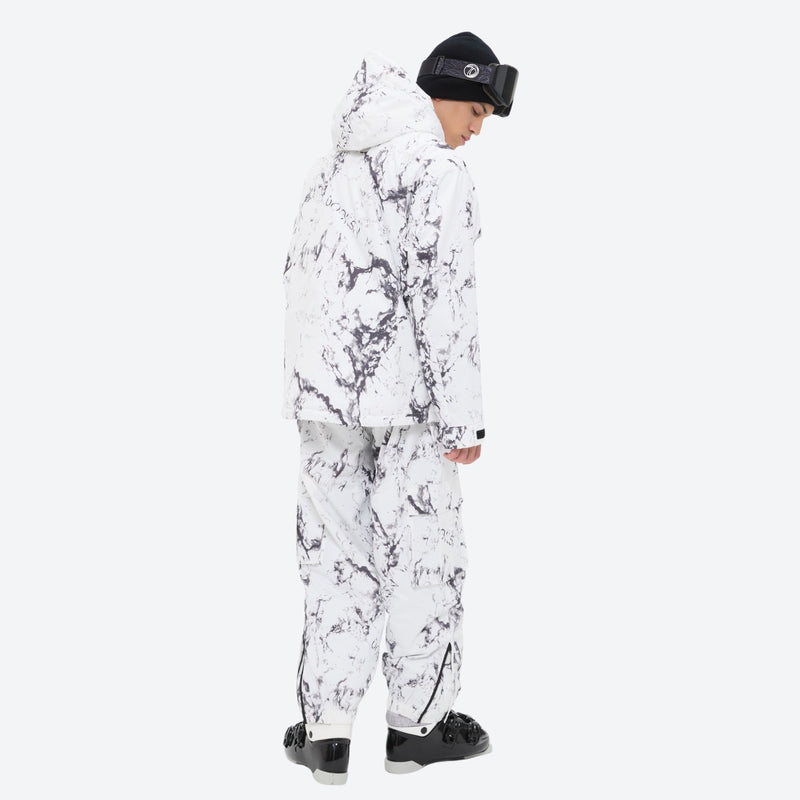 Unisex waterproof 3L snow jacket and bib pants series - white marble print suit, for resort and backcountry days