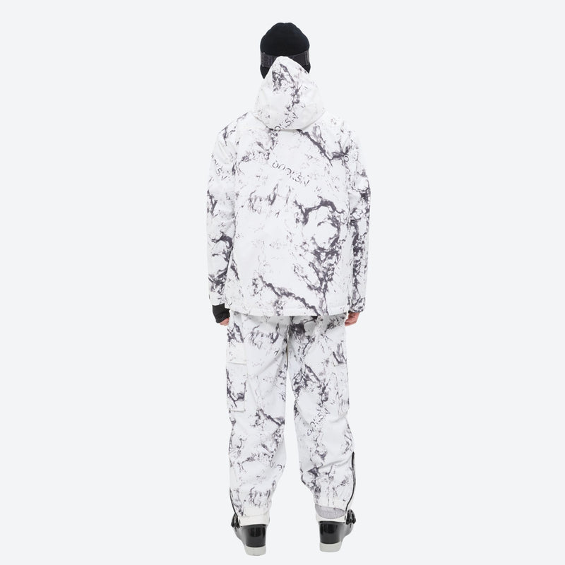 Breathable 3-layer ski jacket and suspender pants set - white marble print suit, for powder and piste riding