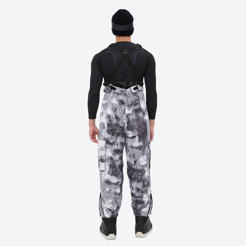 Unisex waterproof 3L snow jacket and bib pants series - gray camo marble print bib pants, for resort and backcountry days