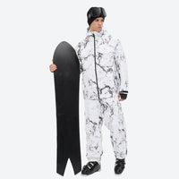 
                  
                    Unisex printed snowboard jacket and bibs - white marble print suit, for cold-weather winter sports
                  
                