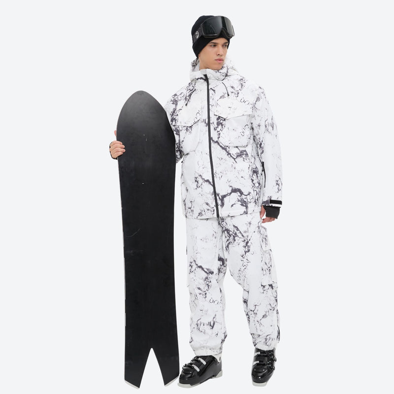 Unisex printed snowboard jacket and bibs - white marble print suit, for cold-weather winter sports