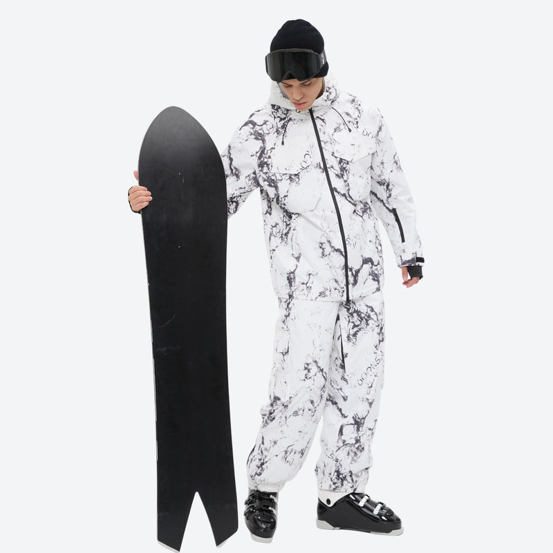 Unisex waterproof 3L snow jacket and bib pants series - white marble print suit, for skiing and snowboarding