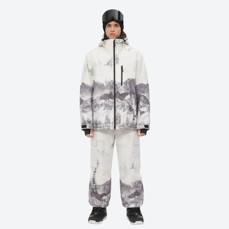 Breathable 3-layer ski jacket and suspender pants set - white and gray gradient print jacket with gradient pants