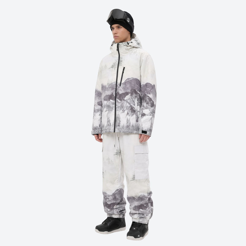 Breathable 3-layer ski jacket and suspender pants set - white and gray gradient print suit, for skiing and snowboarding