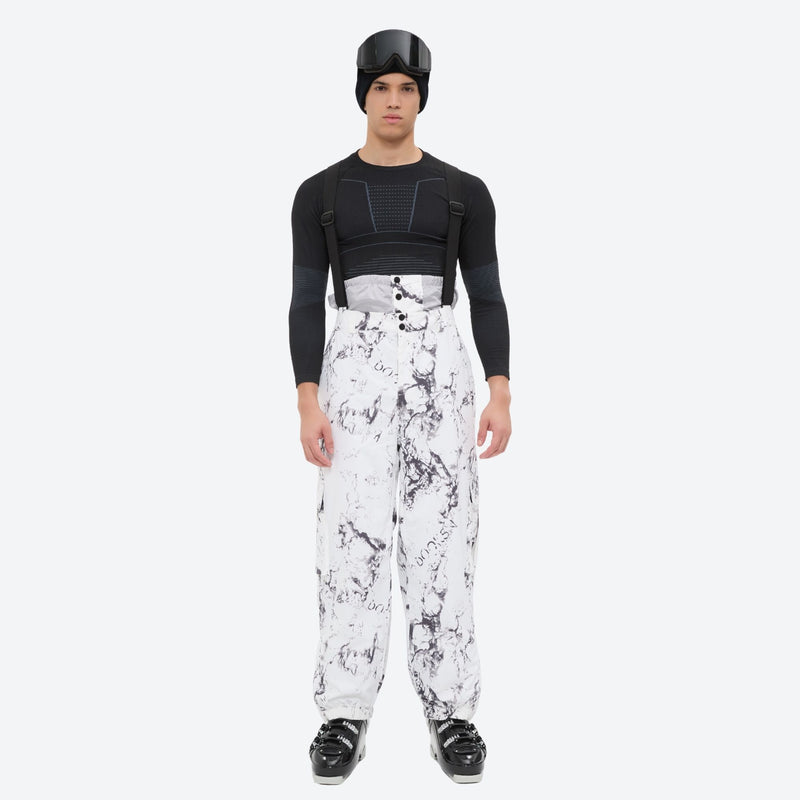 Unisex waterproof 3L snow jacket and bib pants series - white marble print bib pants, for cold-weather winter sports