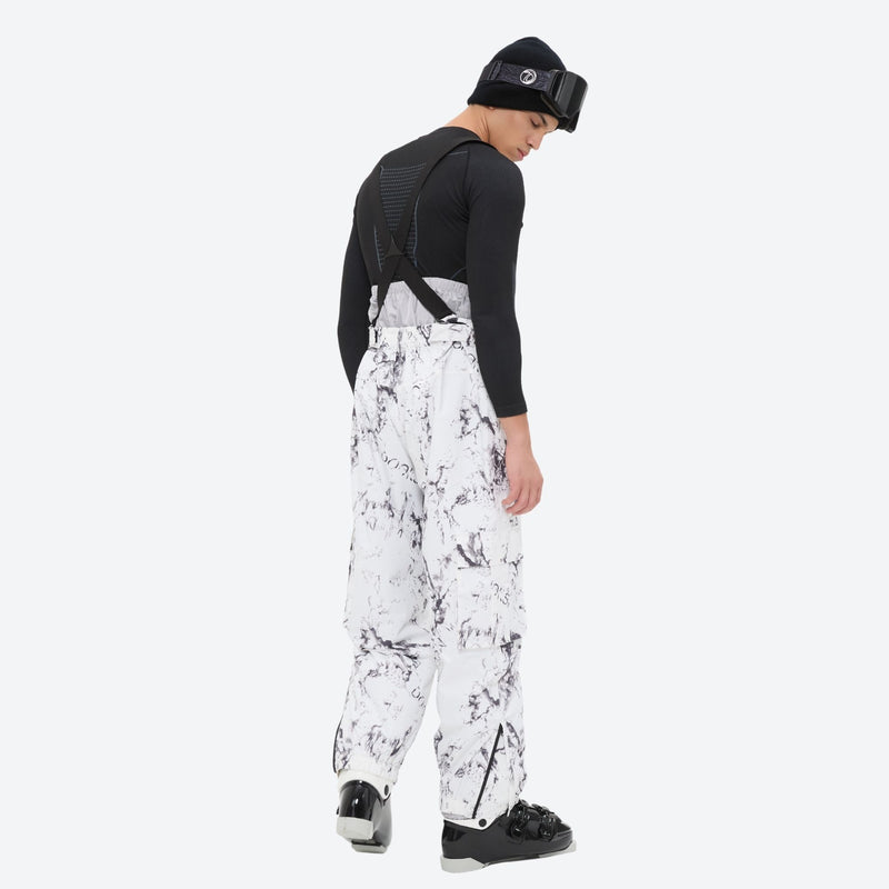 Unisex waterproof 3L snow jacket and bib pants series - white marble print bib pants, for powder and piste riding