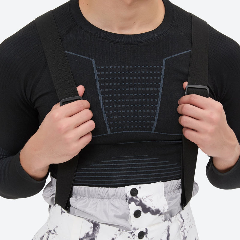 Breathable 3-layer ski jacket and suspender pants set - white marble print bib pants, for cold-weather winter sports
