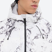 
                  
                    Unisex printed snowboard jacket and bibs - white marble print, collar close-up detail, for powder and piste riding
                  
                