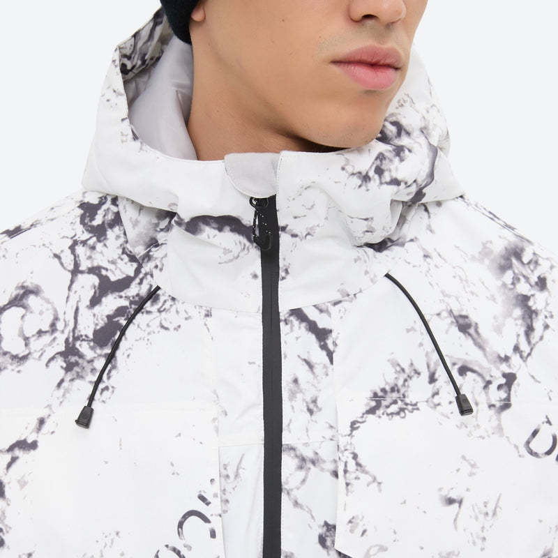 Unisex printed snowboard jacket and bibs - white marble print, collar close-up detail, for powder and piste riding