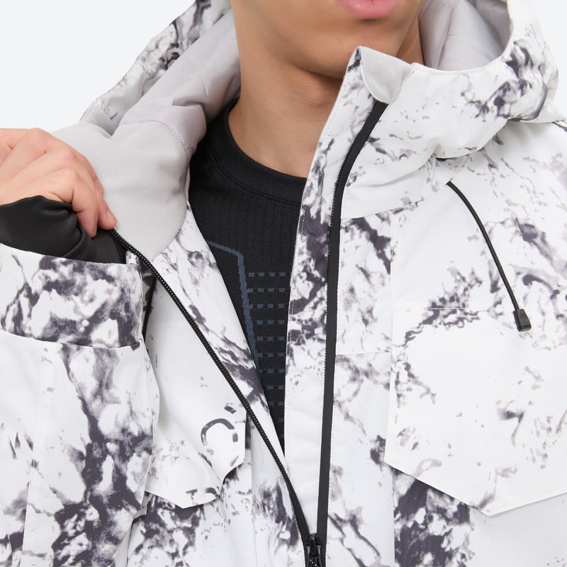 Breathable 3-layer ski jacket and suspender pants set - white marble print, for skiing and snowboarding