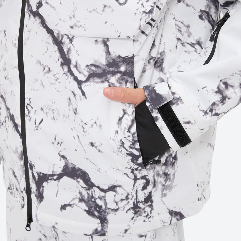 Breathable 3-layer ski jacket and suspender pants set - white marble print, fully taped seams keep snow out