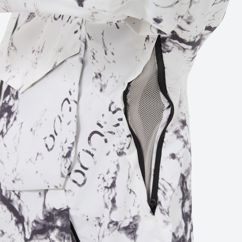 Unisex printed snowboard jacket and bibs - white marble print, adjustable detachable suspenders