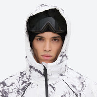 
                  
                    Breathable 3-layer ski jacket and suspender pants set - white marble print, for resort and backcountry days
                  
                