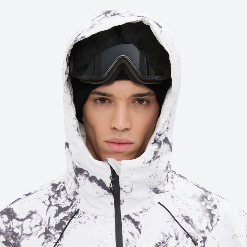 Breathable 3-layer ski jacket and suspender pants set - white marble print, for resort and backcountry days