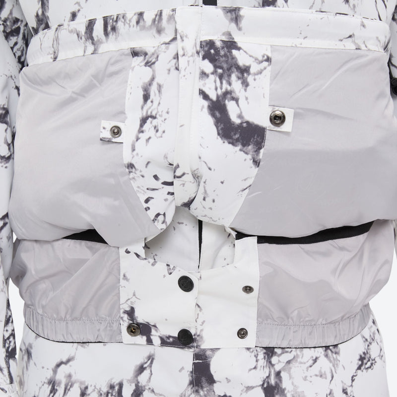 Unisex printed snowboard jacket and bibs - white marble print, inner snow skirt close-up detail, for skiing and snowboarding