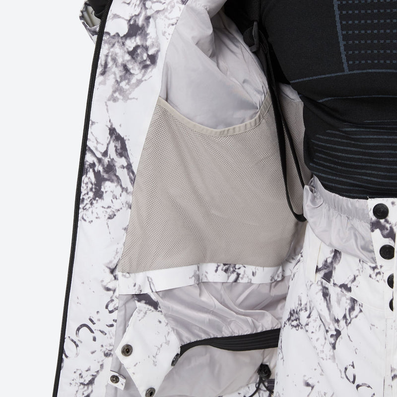 Unisex printed snowboard jacket and bibs - white marble print, interior lining close-up detail, for skiing and snowboarding