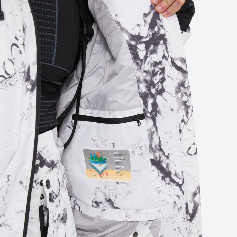 Unisex waterproof 3L snow jacket and bib pants series - white marble print, hem snow gaiters keep snow out
