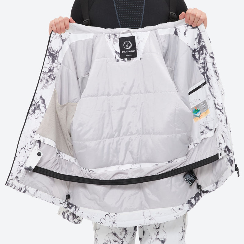 Breathable 3-layer ski jacket and suspender pants set - white marble print, 3-layer waterproof breathable fabric