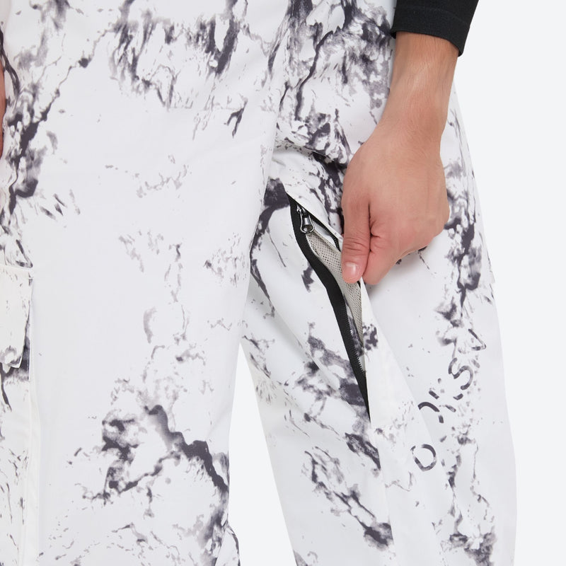 Unisex printed snowboard jacket and bibs - white marble print bib pants, for powder and piste riding