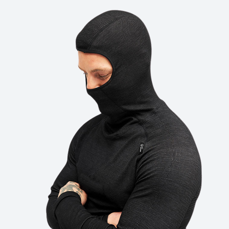 Warm merino wool baselayer suit with balaclava hood - black merino compression suit hood, for winter snow sports