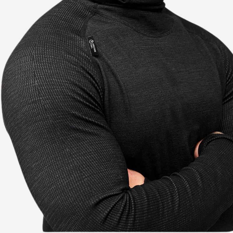 Merino wool compression base layer suit with hood - black merino compression suit shoulder, for cold-weather training