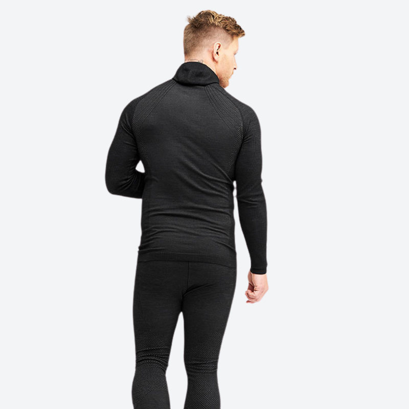 Merino wool compression base layer suit with hood - black merino compression base layer suit on men, back standing view
