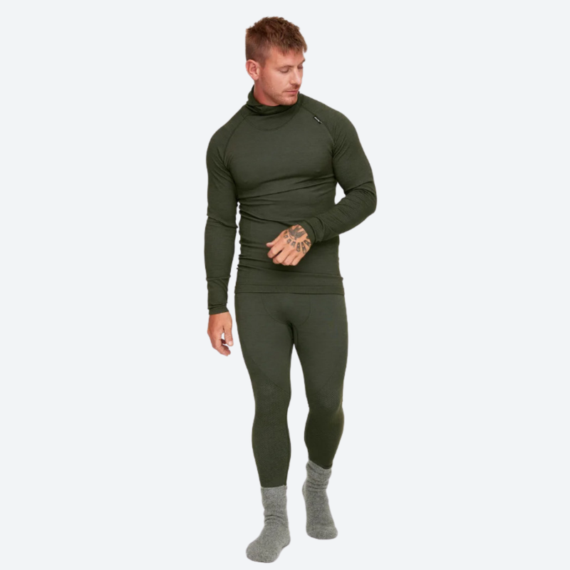 Warm merino wool baselayer suit with balaclava hood - olive merino compression base layer suit on men, front standing view