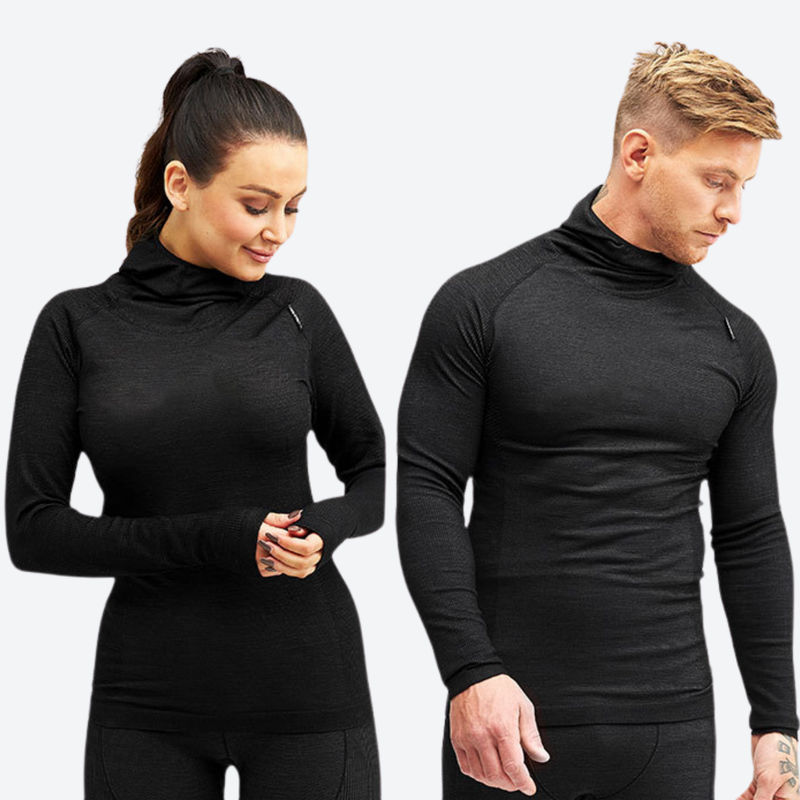 Breathable merino compression top and pants set - black merino compression base layer suit couple, for winter snow sports