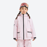 
                  
                    Kids snowboard jacket and pants with snow gaiters - pink kids jacket, on-model front view, for family resort trips
                  
                