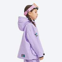 
                  
                    Kids waterproof 2L snow jacket and pants set - lavender kids jacket, on-model side view, for cold-weather winter sports
                  
                