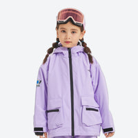 
                  
                    Kids snowboard jacket and pants with snow gaiters - lavender kids jacket, for snow play and winter commute
                  
                