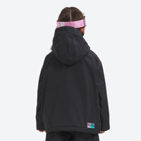 
                  
                    Kids snowboard jacket and pants with snow gaiters - black kids jacket, on-model back view, for snow play and winter commute
                  
                