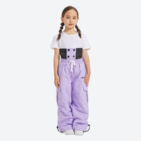 
                  
                    Kids snowboard jacket and pants with snow gaiters - lavender kids snow pants with white tee, for family resort trips
                  
                