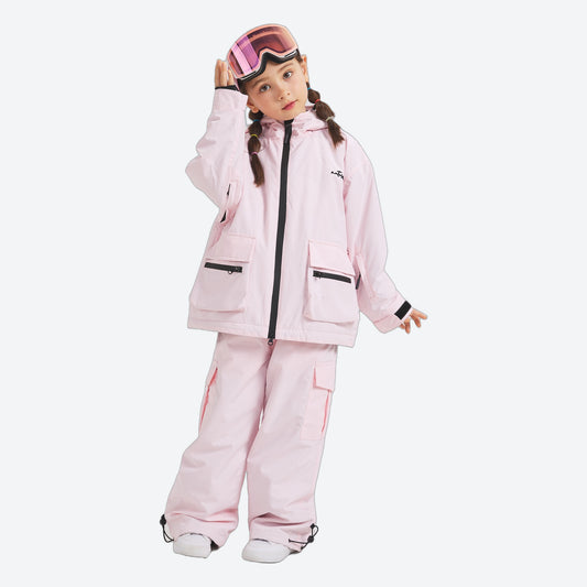 Kids snowboard jacket and pants with snow gaiters - pink kids jacket with pink pants, for snow play and winter commute