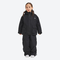 
                  
                    Kids breathable 2-layer ski suit - black kids jacket with black pants, on-model front view, for snow play and winter commute
                  
                