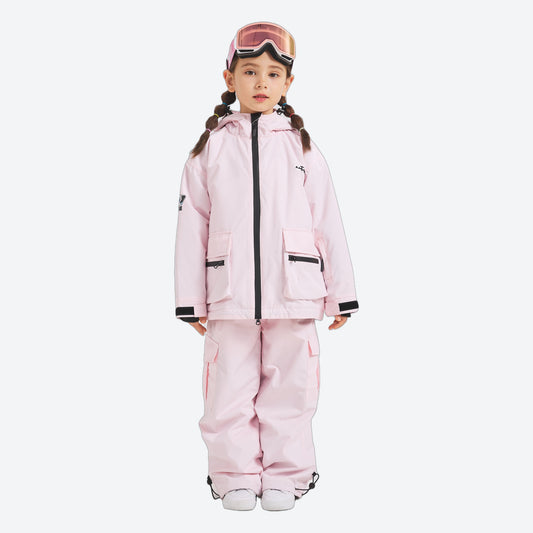 Kids breathable 2-layer ski suit - pink kids jacket with pink pants, on-model front view, for family resort trips