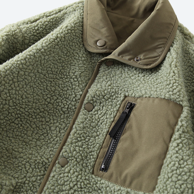 Men's reversible sherpa fleece jacket with full zip - olive double-sided fleece jacket, for layering in cold weather