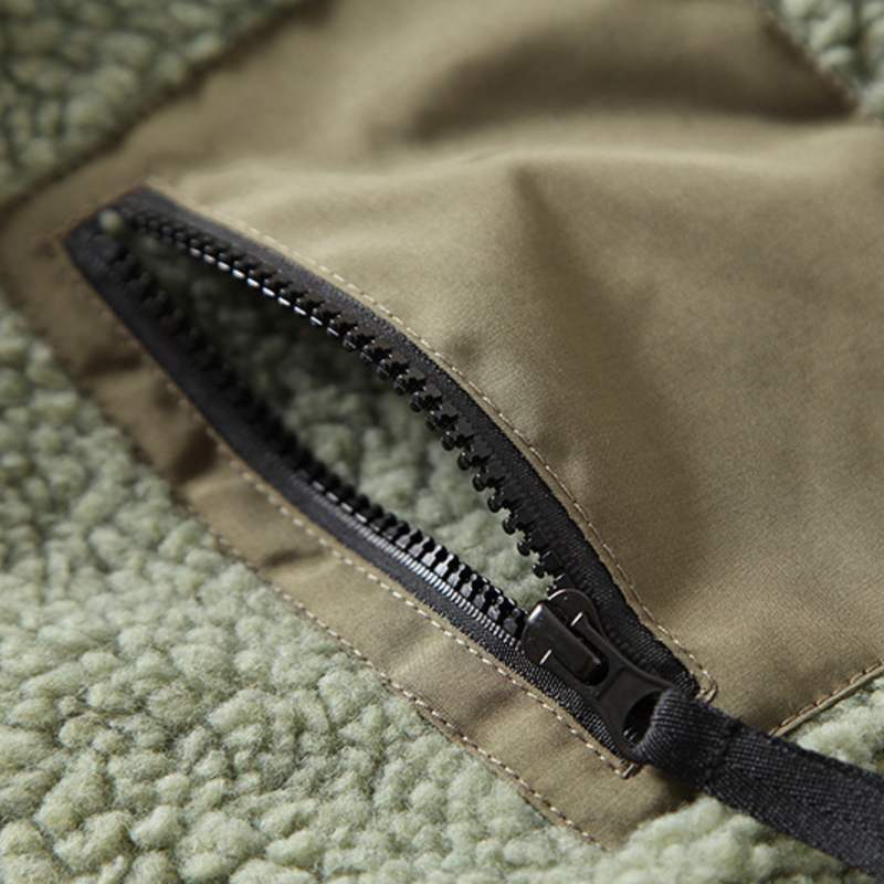 Men's warm comfortable two-way fleece jacket - olive double-sided fleece jacket, zip close-up, for layering in cold weather