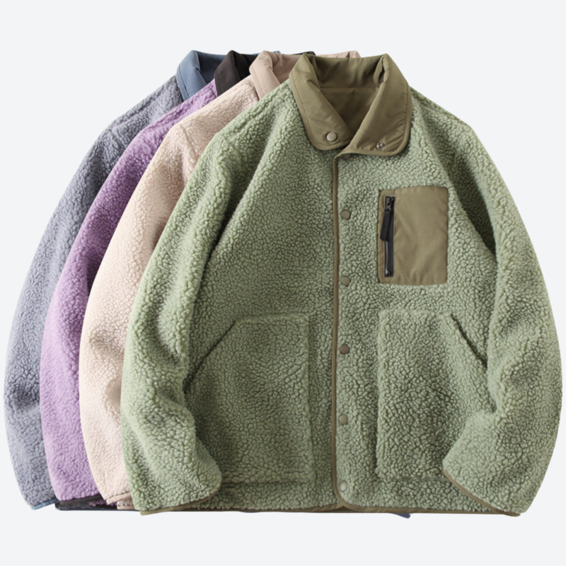 Men's reversible sherpa fleece jacket with full zip - olive double-sided fleece jacket, for camping and outdoor weekends