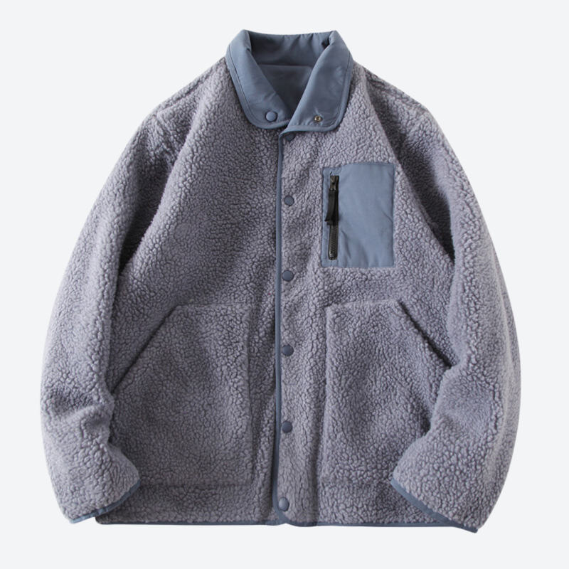 Men's double-sided full-zip fleece jacket - gray blue double-sided fleece jacket, for camping and outdoor weekends