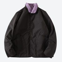 
                  
                    Men's warm comfortable two-way fleece jacket - black double-sided fleece jacket with purple collar, smooth side front view
                  
                