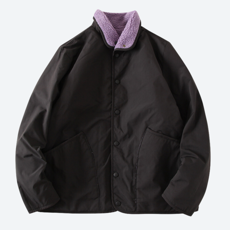 Men's warm comfortable two-way fleece jacket - black double-sided fleece jacket with purple collar, smooth side front view