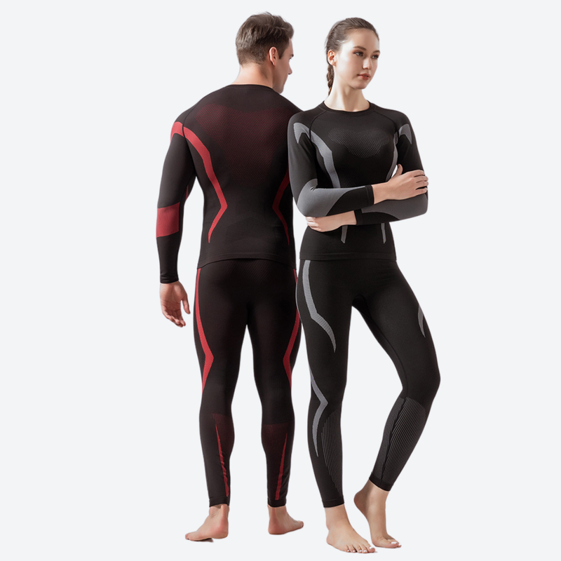 Women's compression suit for snow sports and training - black red and black gray compression suit couple, standing view