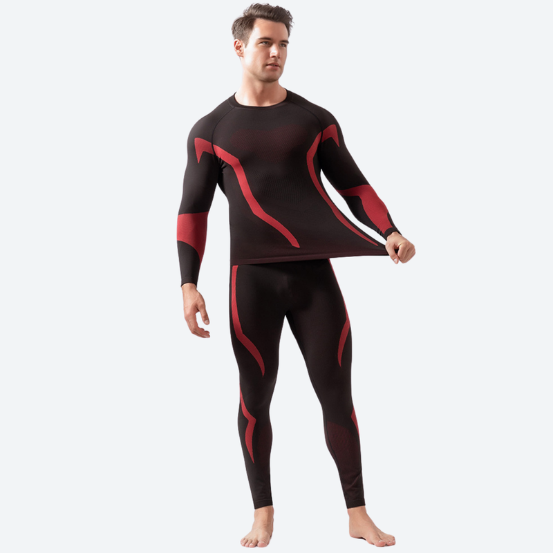 Men's quick-dry performance baselayer top and pants - black red compression base layer suit on men, front view pulling hem